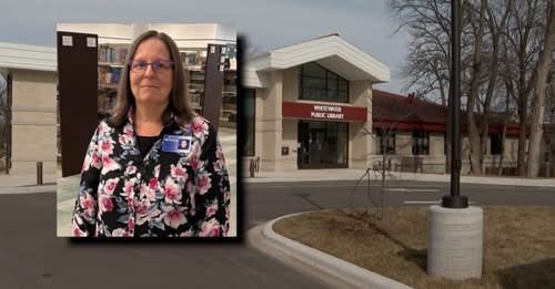 photo of Diane Jaroch, Library Director and exterior of Library building